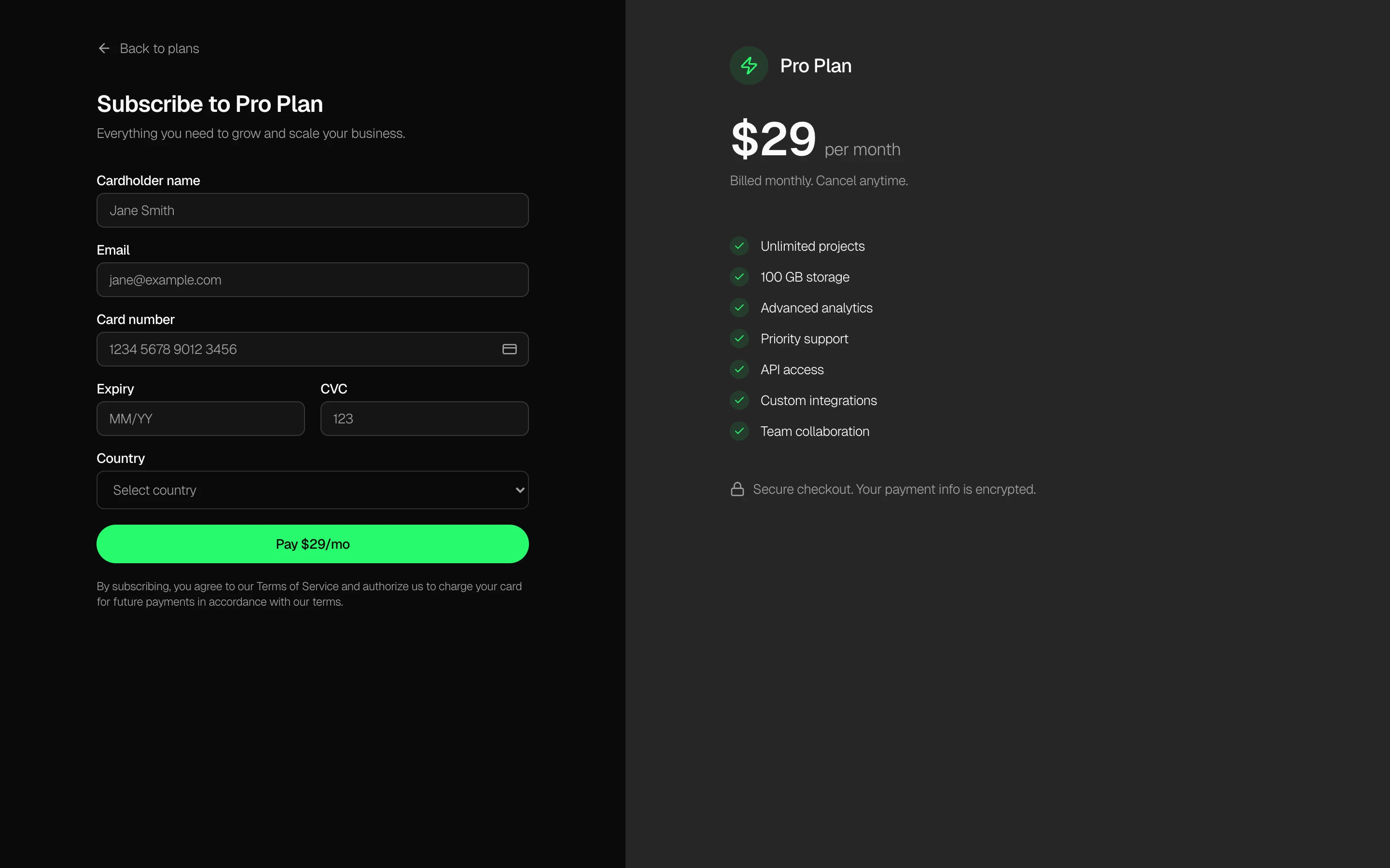 Split-panel checkout form with card input and plan summary