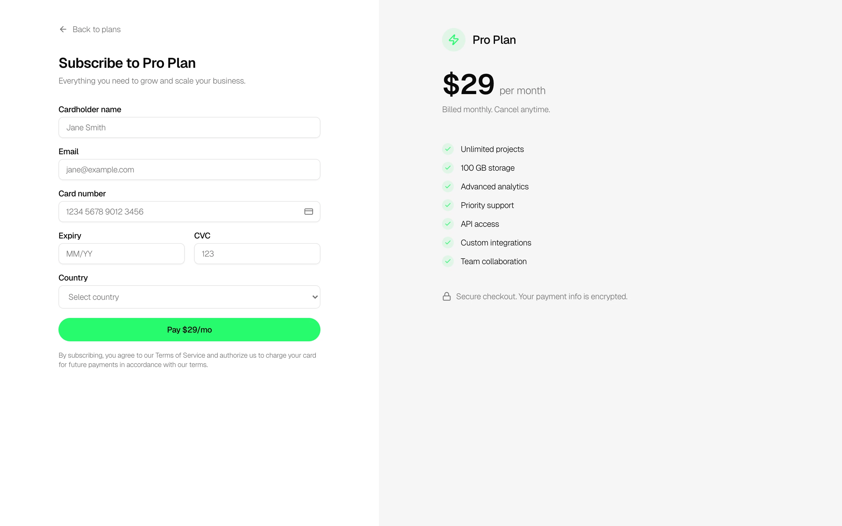 Split-panel checkout form with card input and plan summary