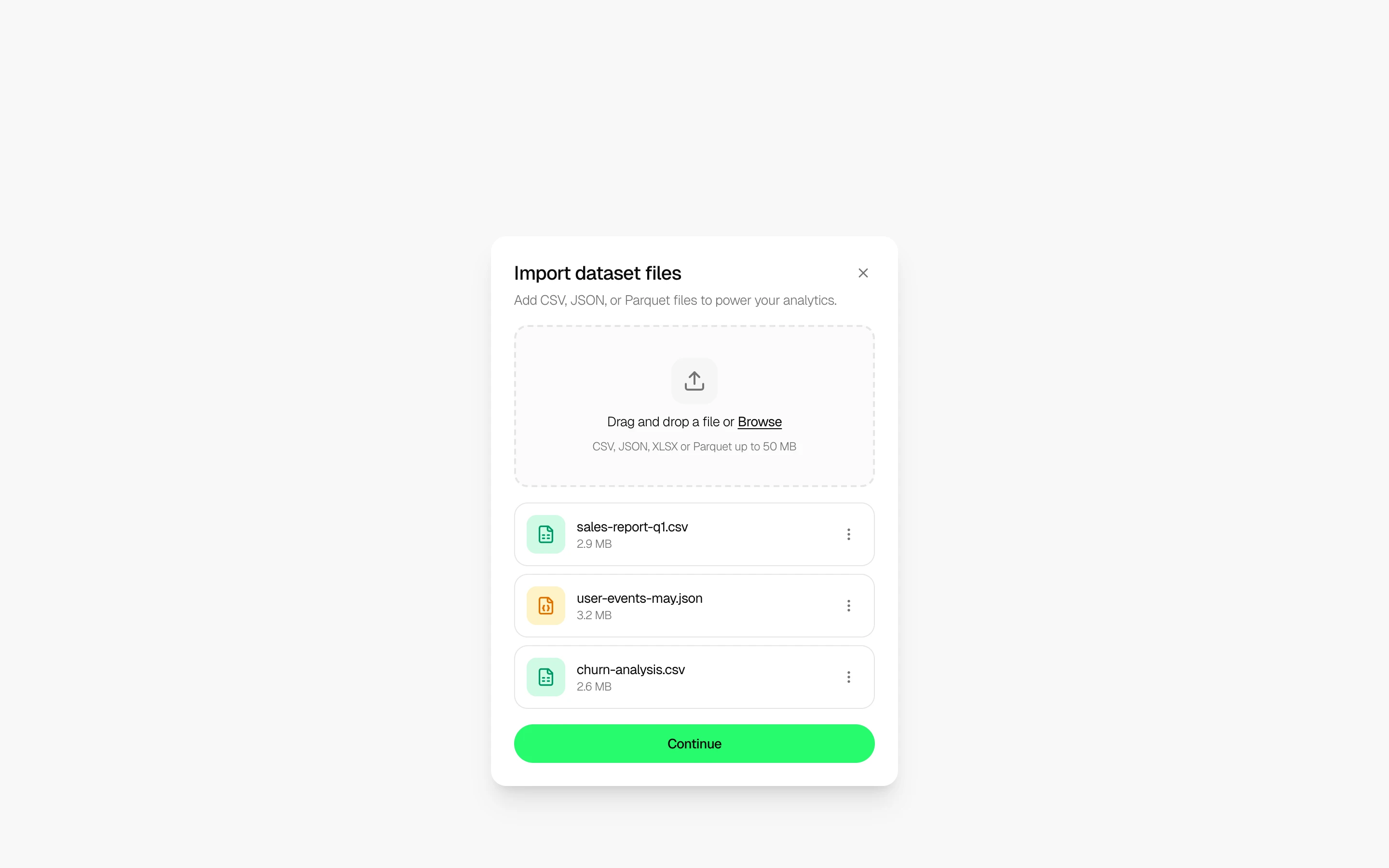 Dataset file uploader with drag-and-drop zone and file list