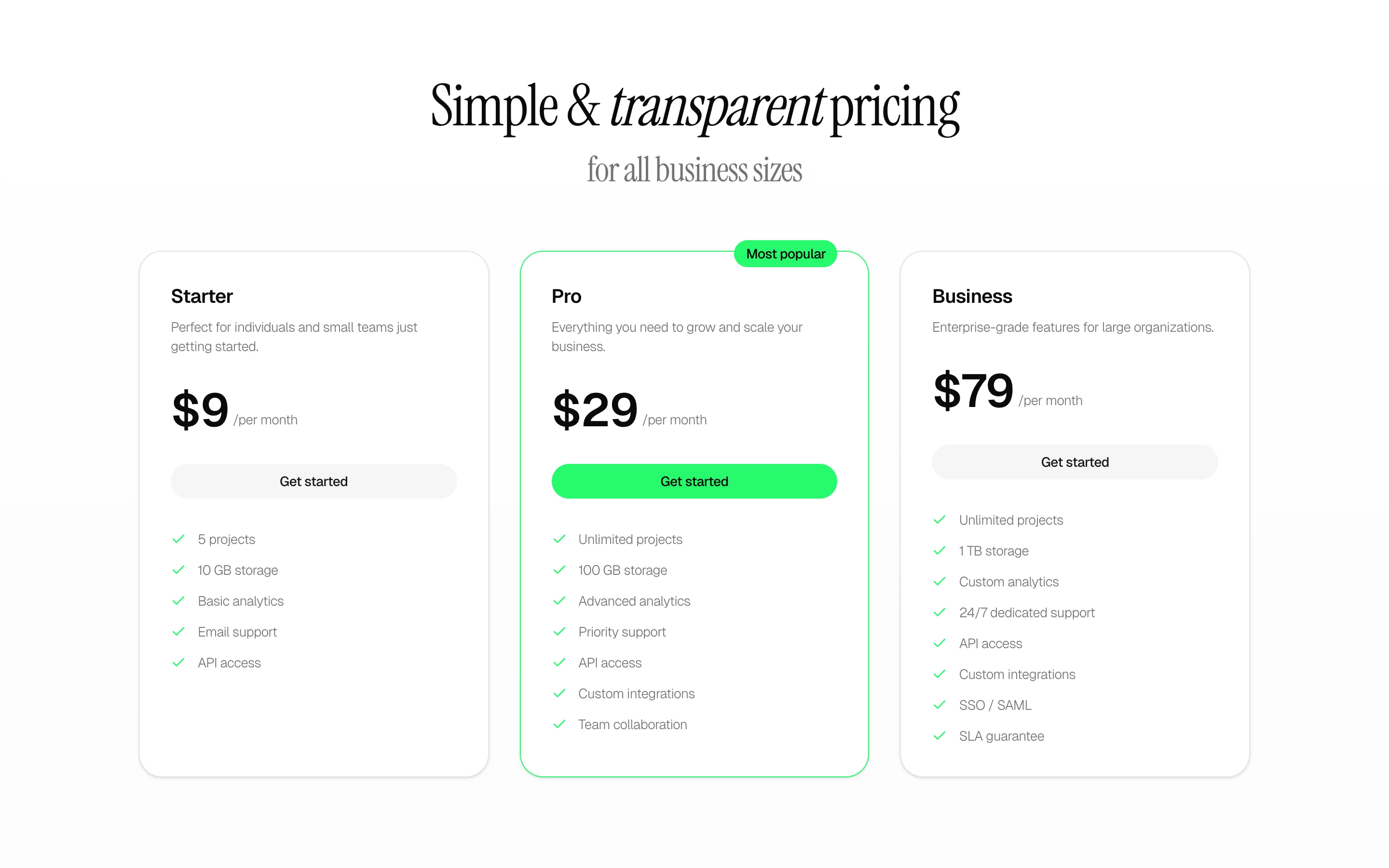 Three-tier pricing section with highlighted Pro plan